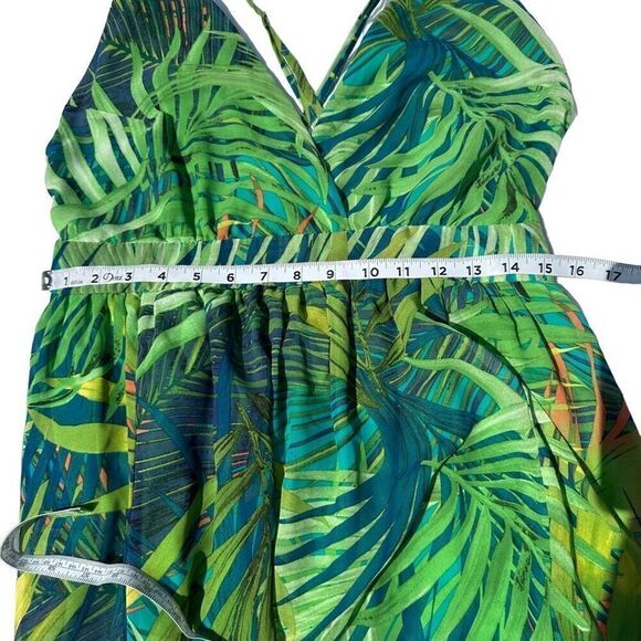 Revamped Tropical Leaf Print Maxi Dress Womens Large Coloful Chiffon Boho Glam - Picture 9 of 12